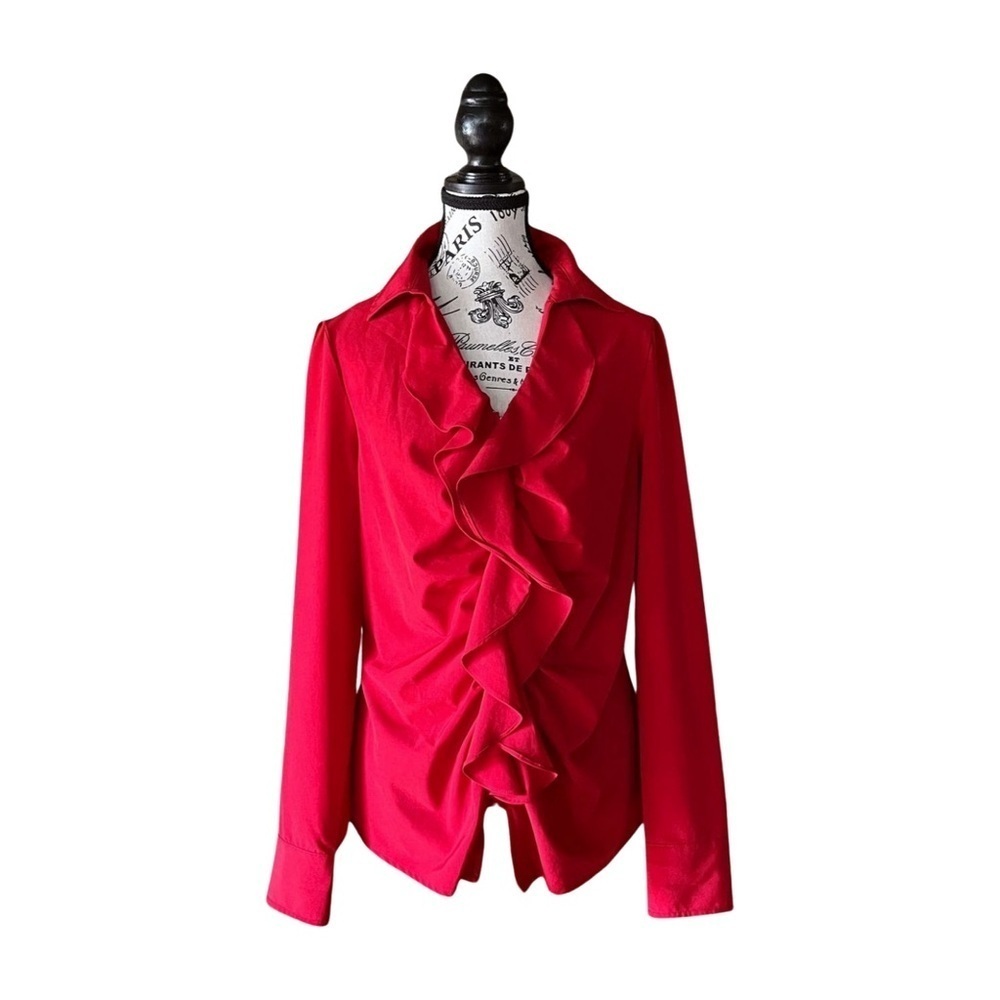 Vintage 90s Y2K Renuar Red Ruffle Blouse Zip Front Vamp Dark Romance Academia
